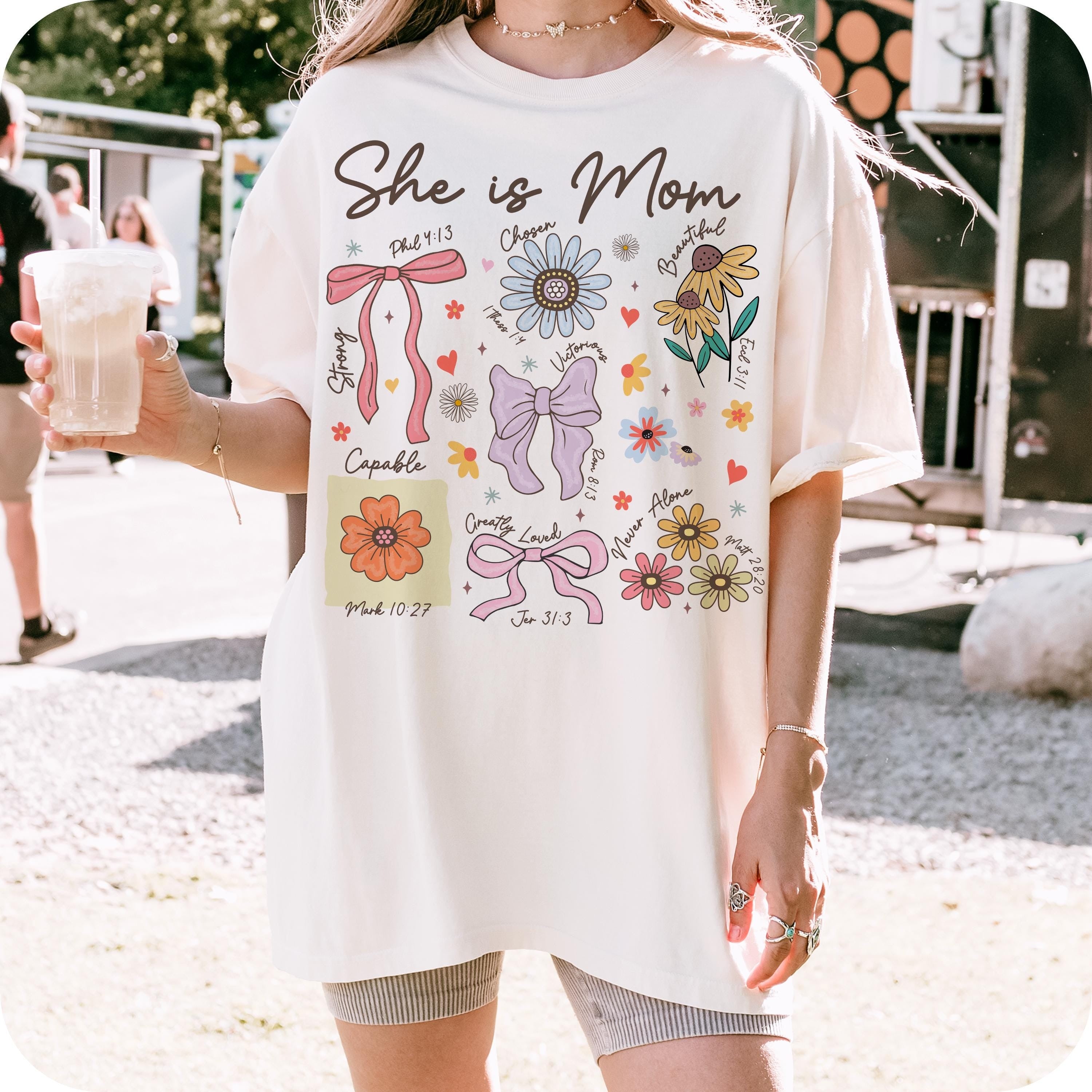 She is Mom Coquette Comfort Colors Shirt, Christian Mama, Boho Floral Mama , Mom , Mother’s Day Gift , Wildflower Mama, Bible Verses